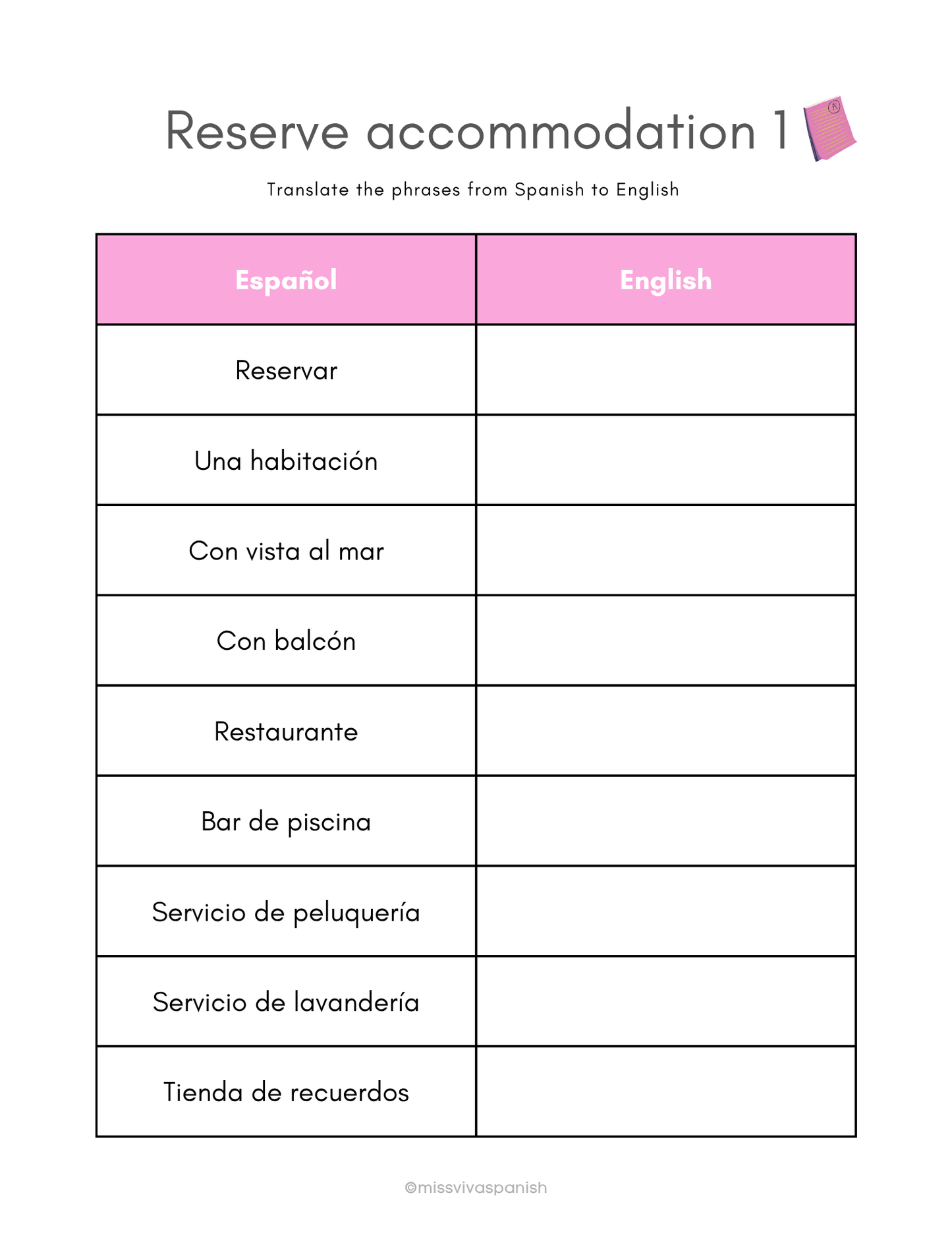 At the hotel in Spanish | Spanish worksheets (8+)(SM)
