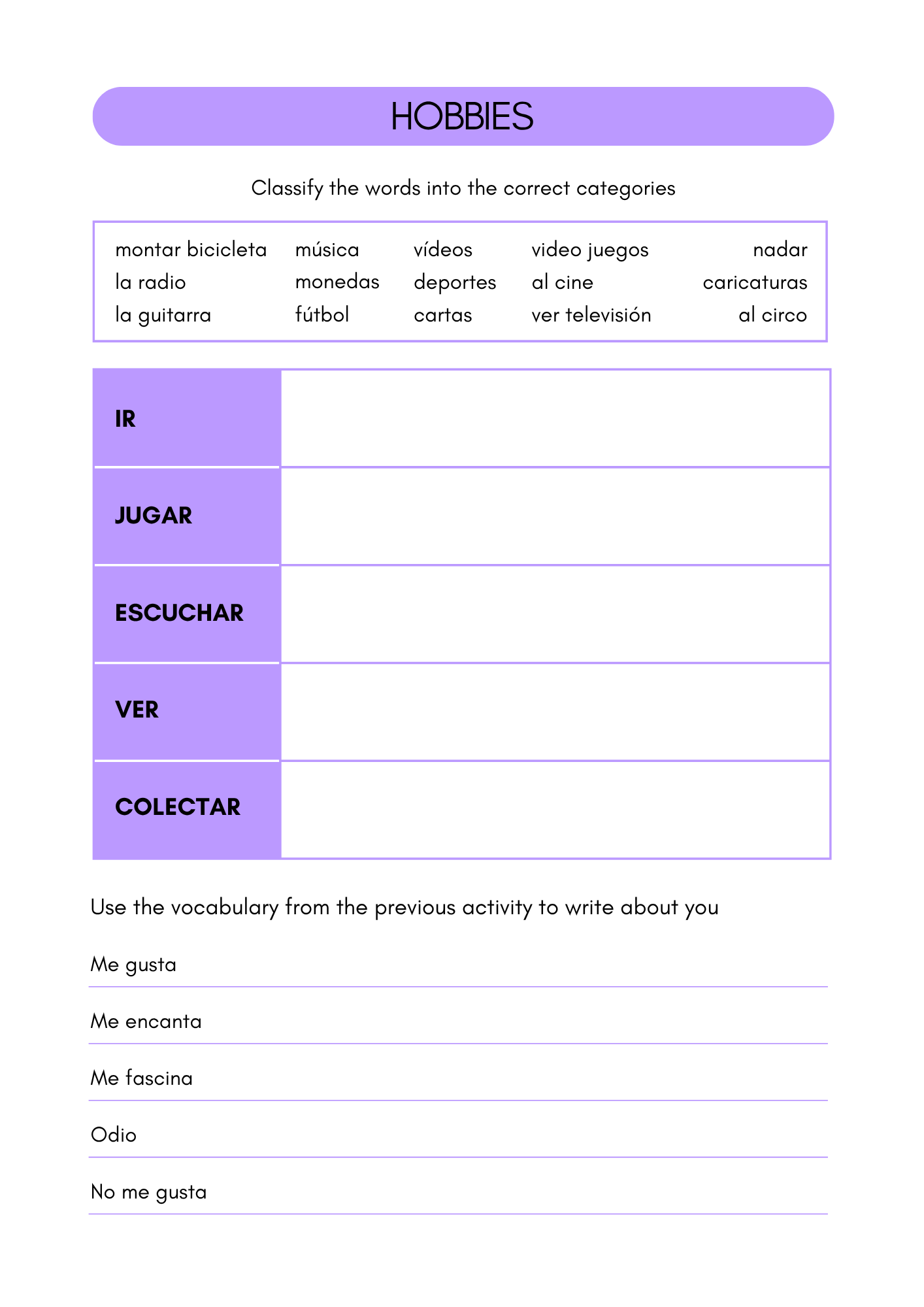 Hobbies worksheets in Spanish (12+)(SM)