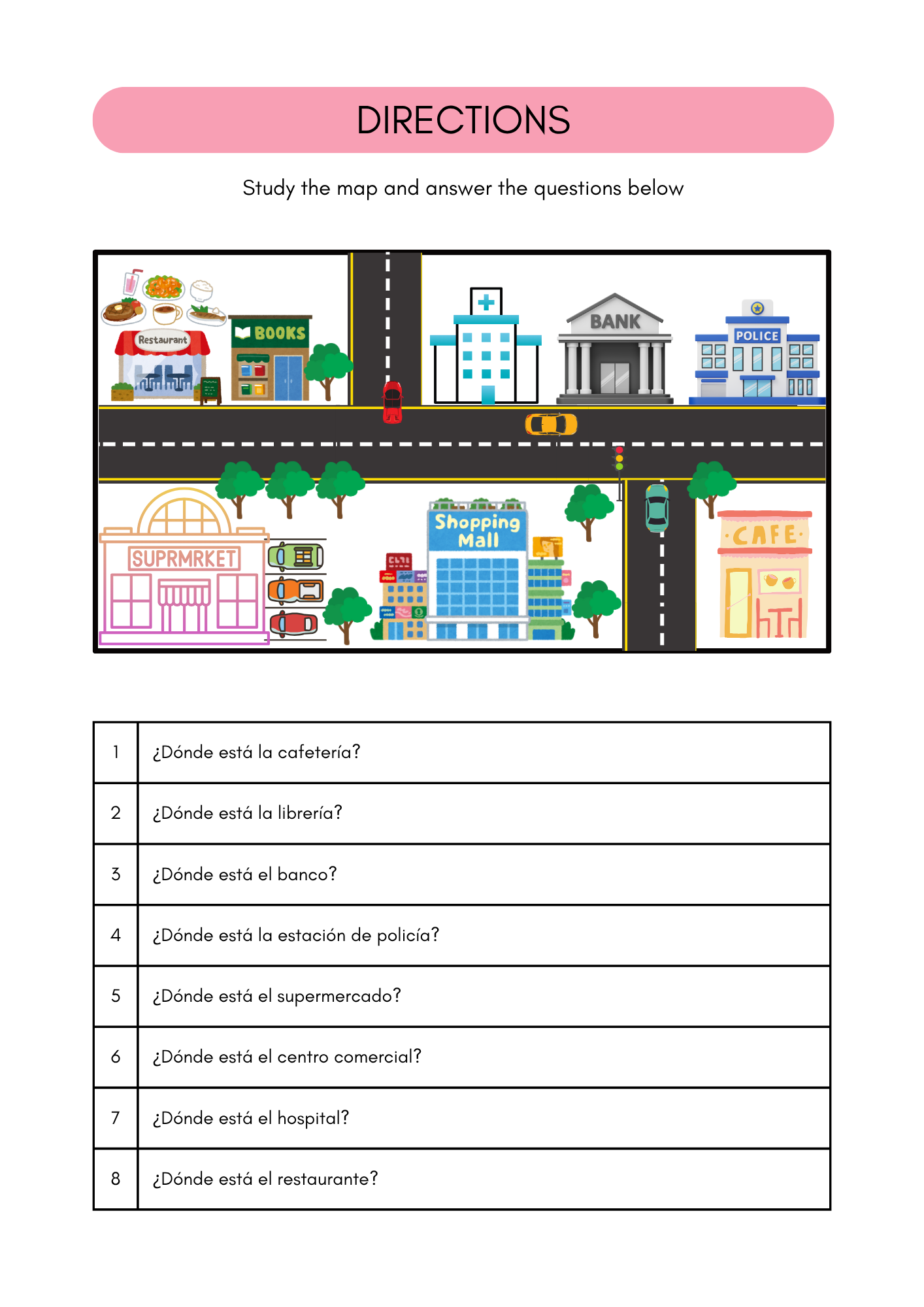 Directions & Places in Spanish | Spanish worksheets (12+)(SM)