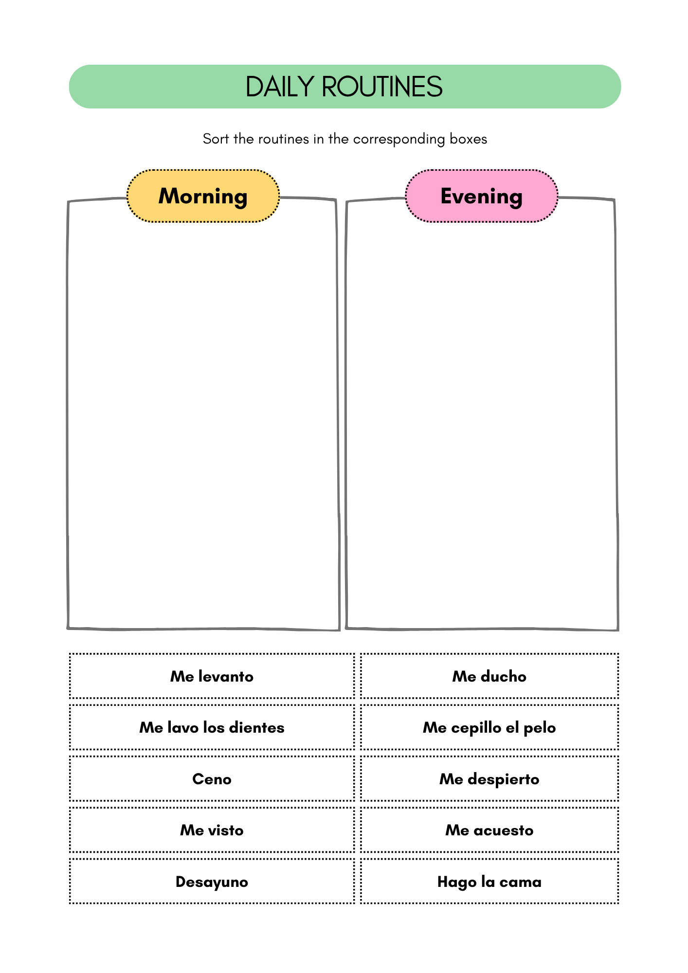 Daily routine in Spanish worksheets (8+) (SM)