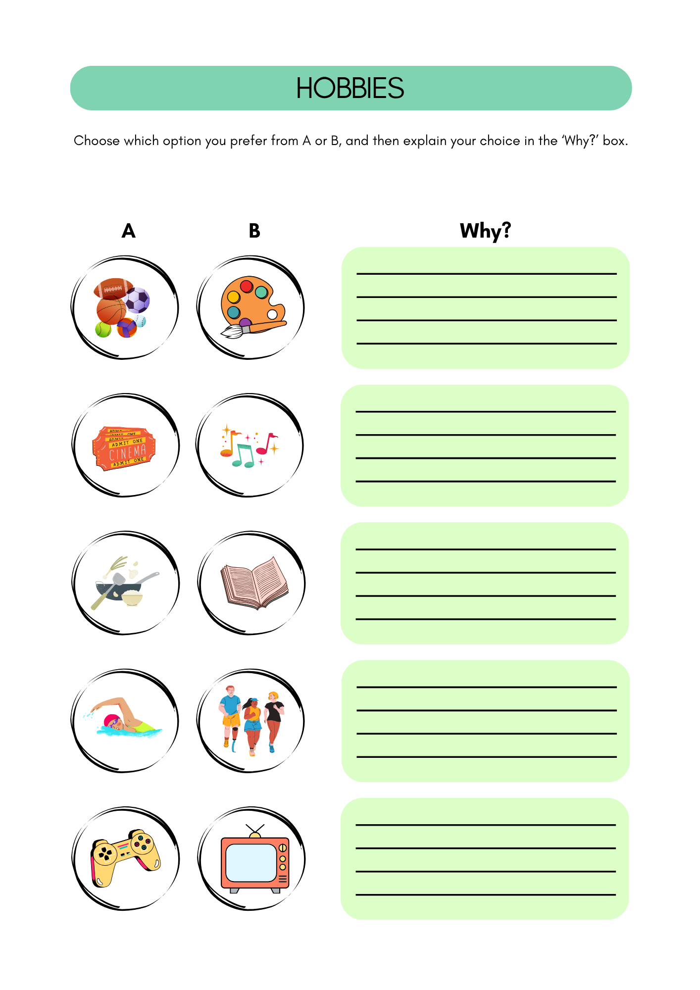 Hobbies worksheets in Spanish (12+)(SM)