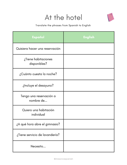 At the hotel in Spanish | Spanish worksheets (8+)(SM)