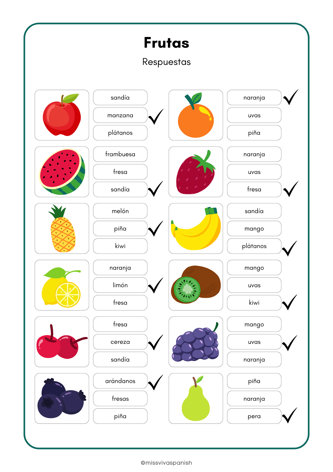 Fruit flashcards, bingo & worksheets in Spanish (8+)