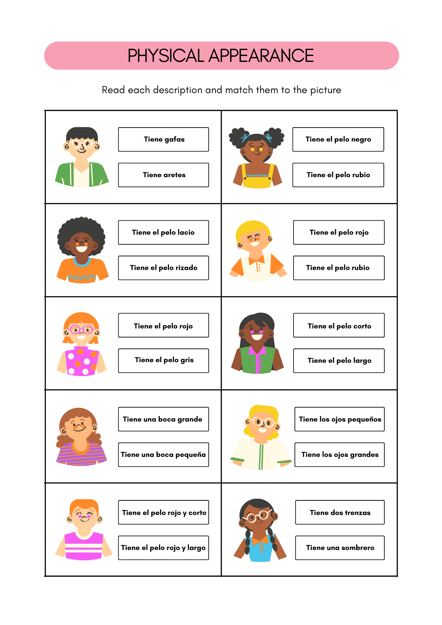 Physical appearance in Spanish | Spanish worksheets (8+)(SM)