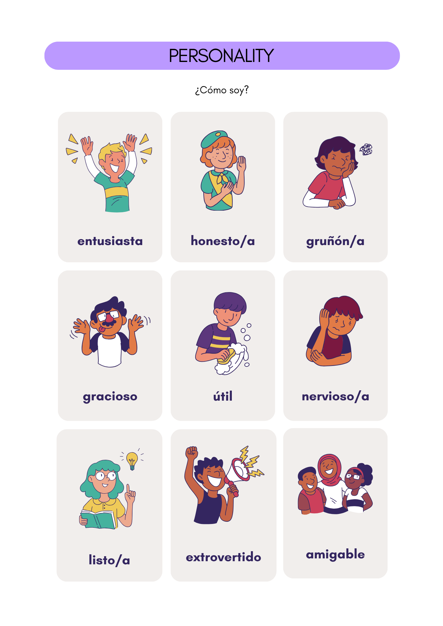 People’s personalities in Spanish worksheets (8+)(SM)