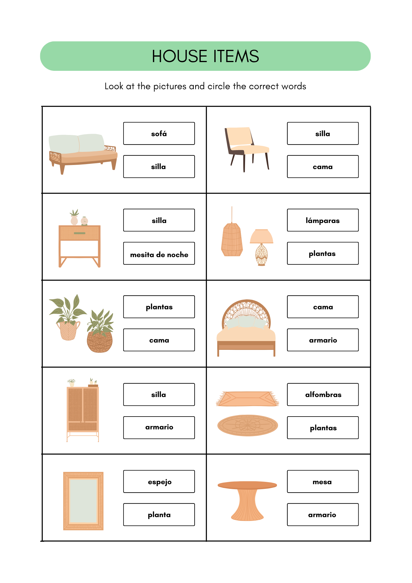 Household items - furniture in Spanish | Spanish worksheets (8+)(SM)