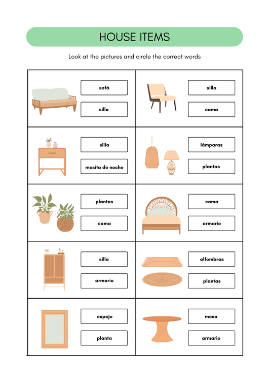 Household items - furniture in Spanish | Spanish worksheets (8+)(SM)