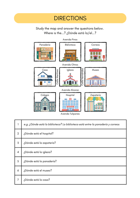 Directions & Places in Spanish | Spanish worksheets (12+)(SM)