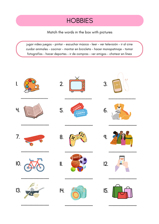 Hobbies worksheets in Spanish (12+)(SM)