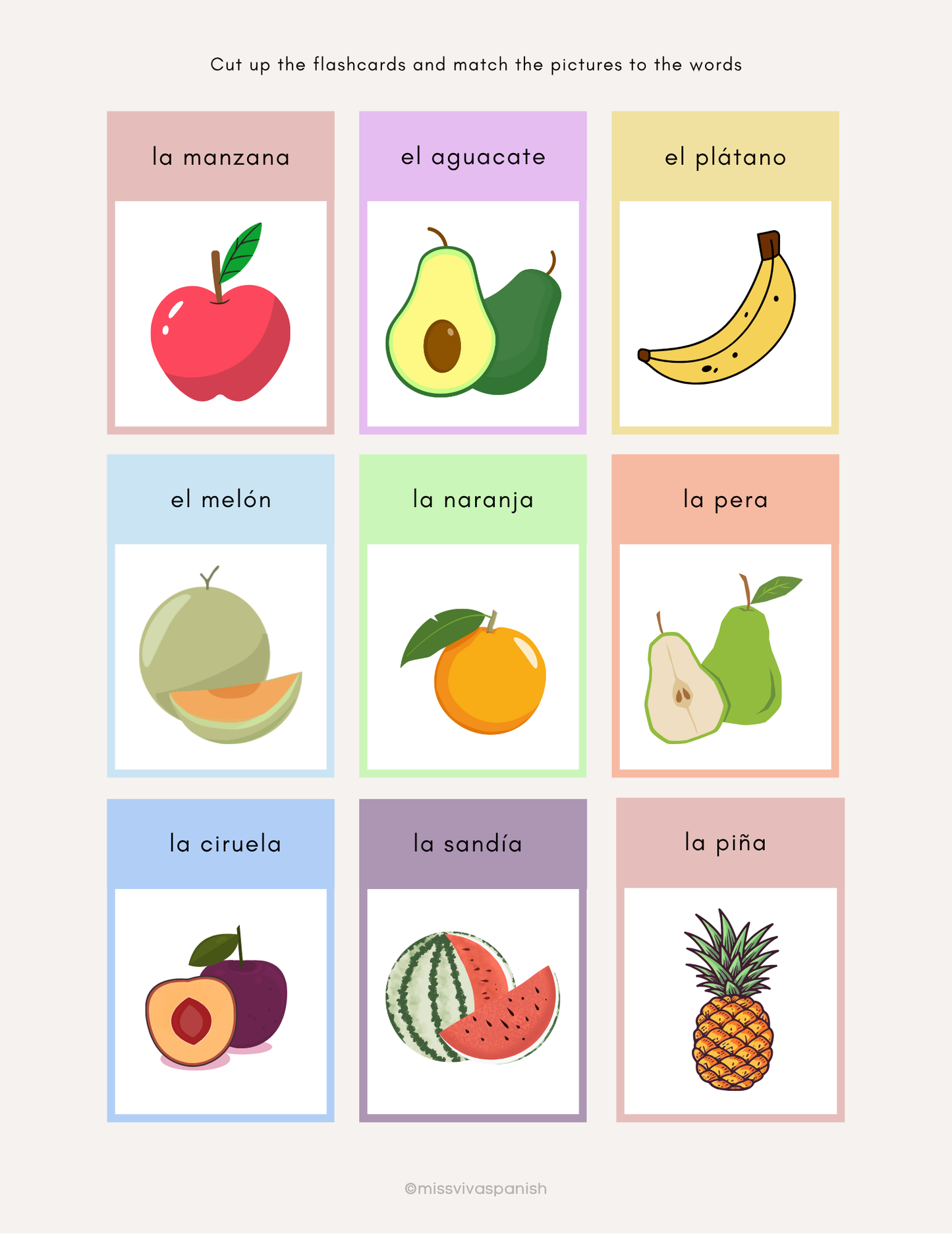 Fruit flashcards, bingo & worksheets in Spanish (8+)