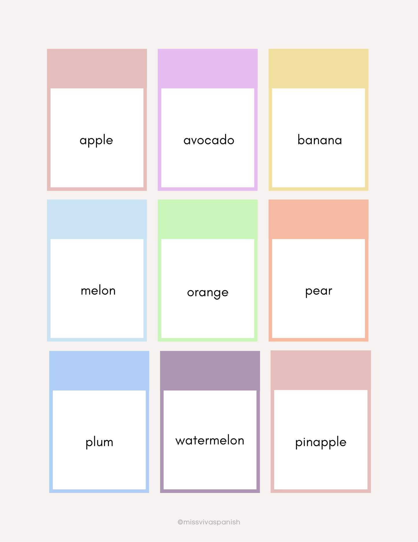 Fruit flashcards, bingo & worksheets in Spanish (8+)