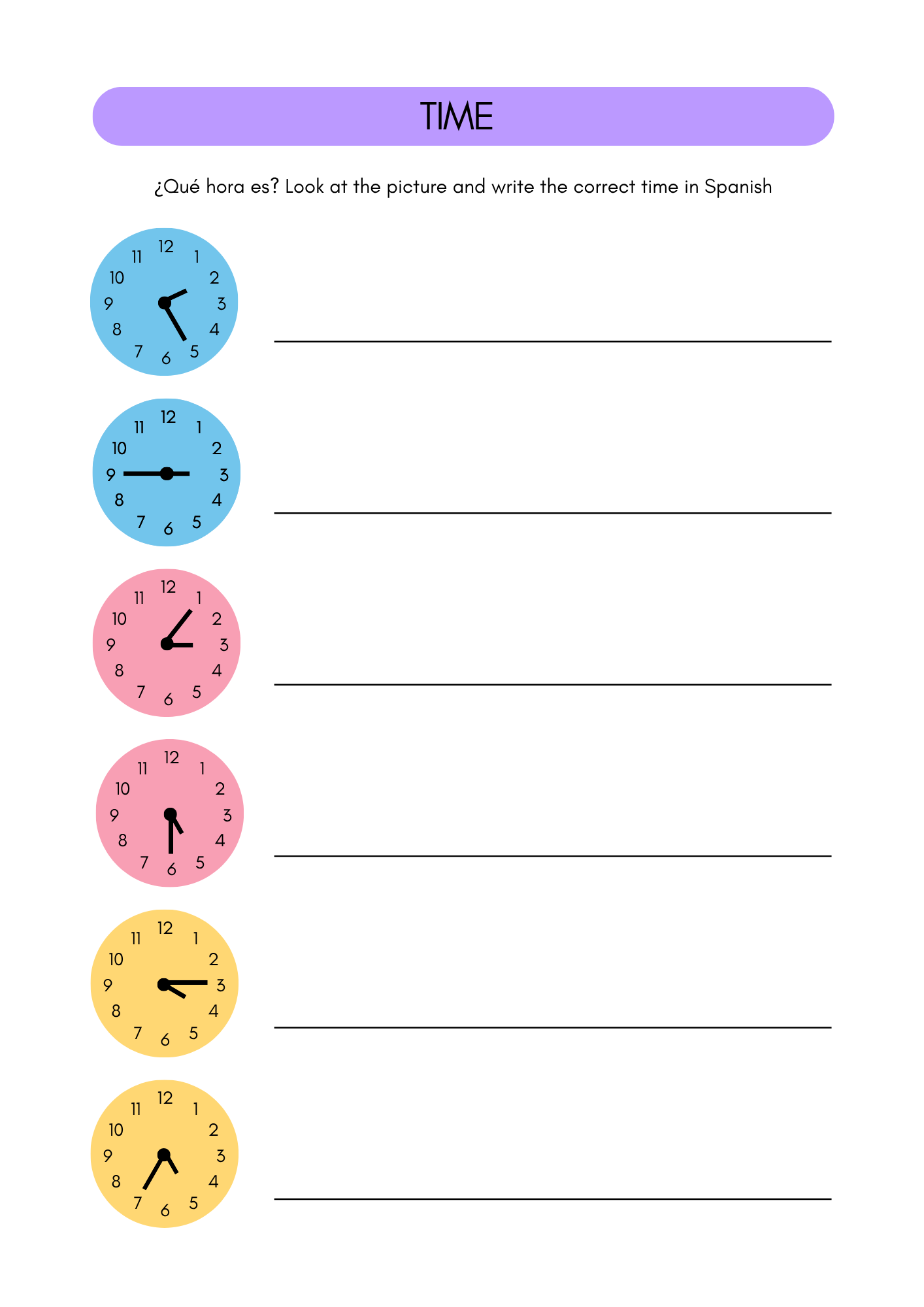 Time in Spanish worksheets (Spain) (12+)(SM)