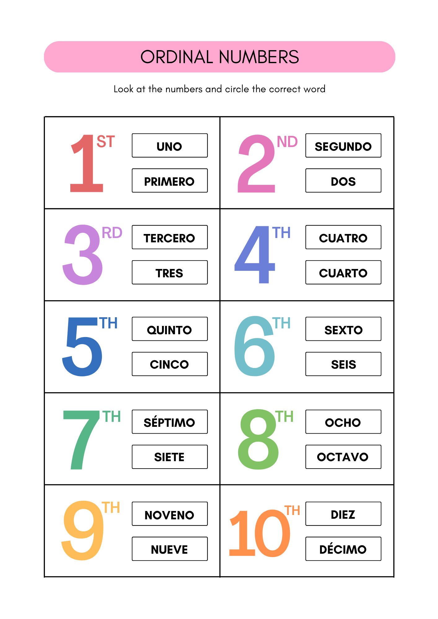 Numbers worksheet in Spanish (8+)