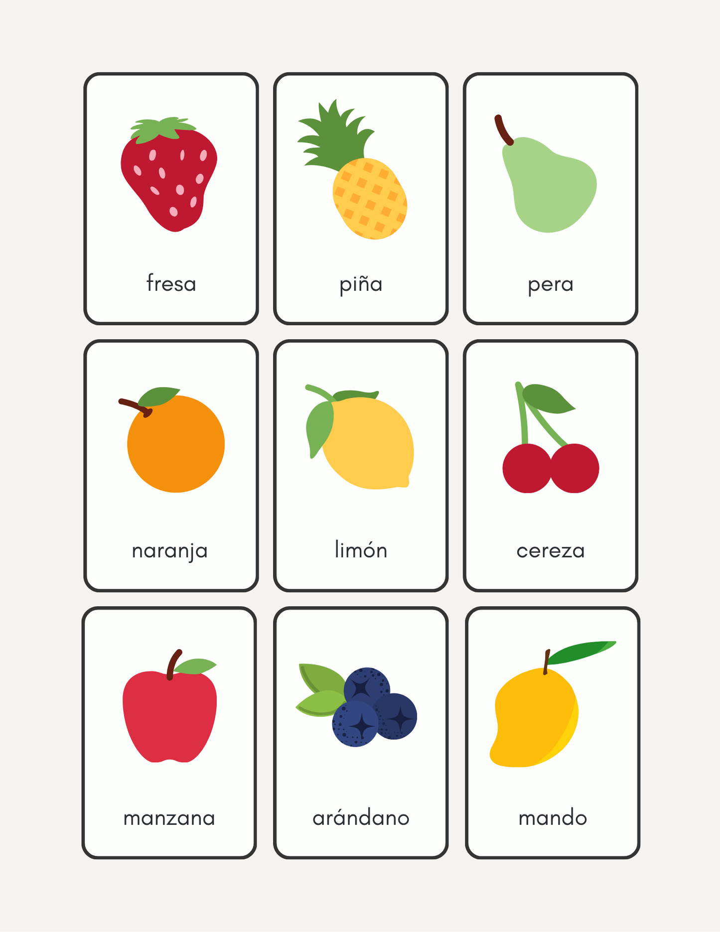 Fruit flashcards, bingo & worksheets in Spanish (8+)
