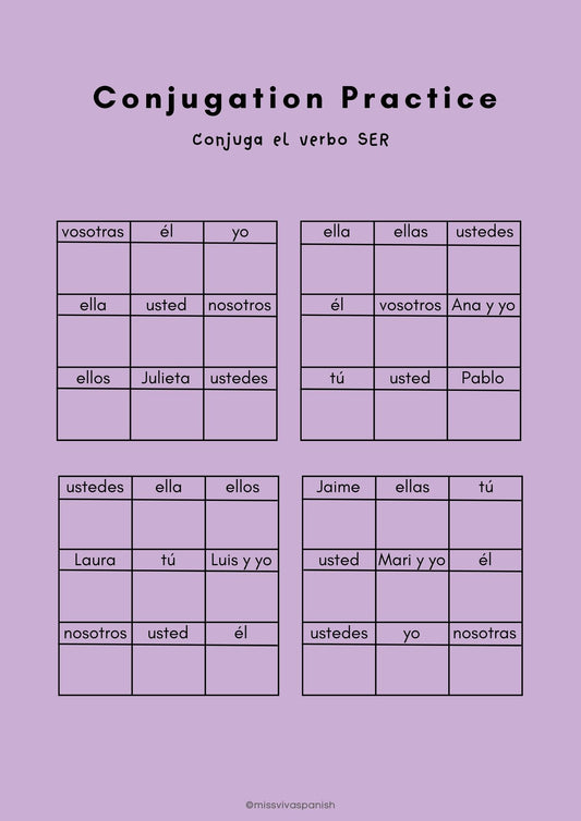 verb conjugation in spanish sheet