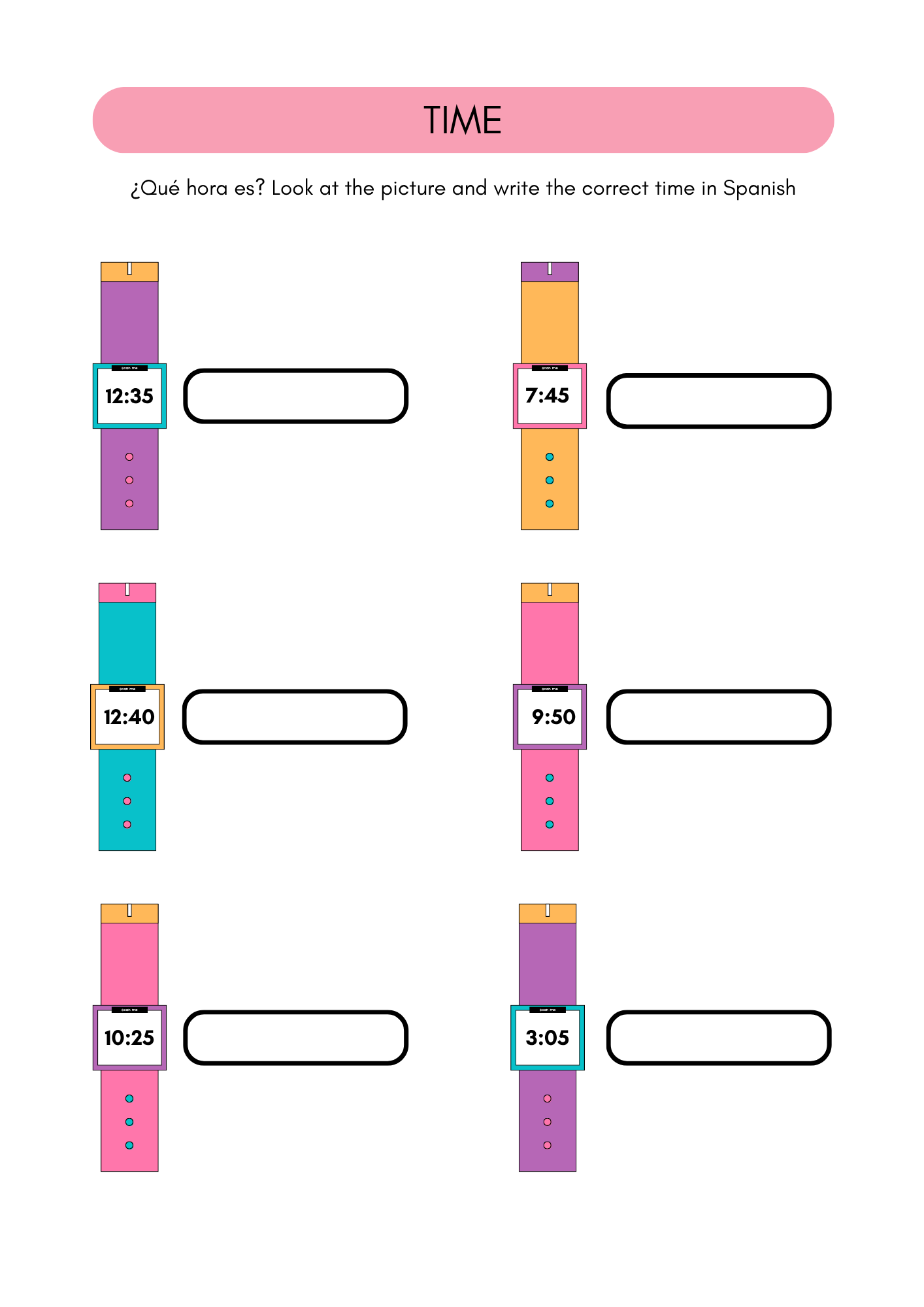 Time in Spanish worksheets (Spain) (12+)(SM)
