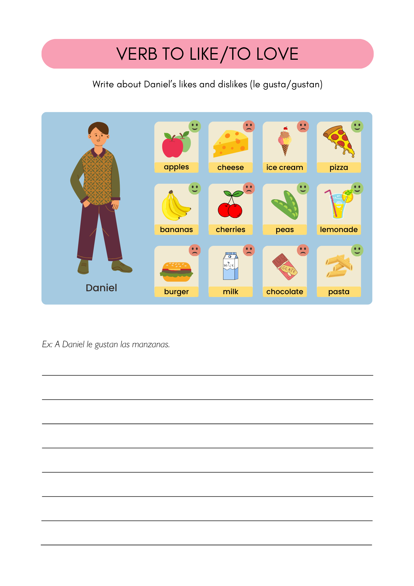 Like - Gustar & Love - encantar worksheets in Spanish (8+)(SM)