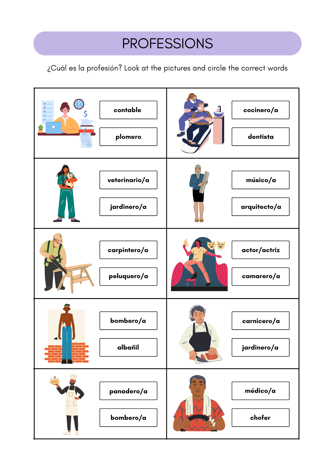 Professions worksheets in Spanish (8+)(SM)