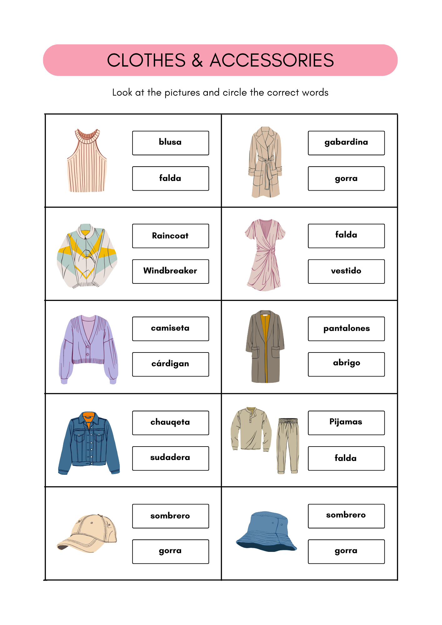 Clothes & Accessories worksheets in Spanish (8+) (SM)