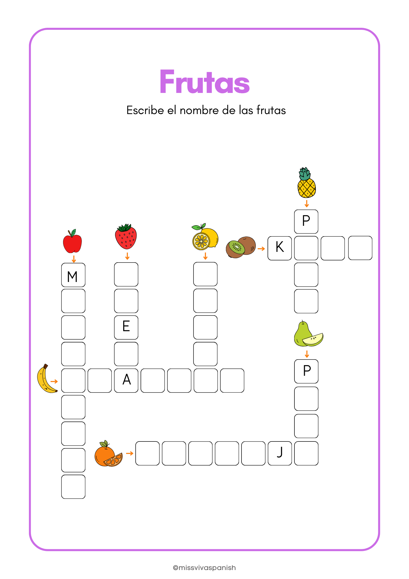 Fruit flashcards, bingo & worksheets in Spanish (8+)